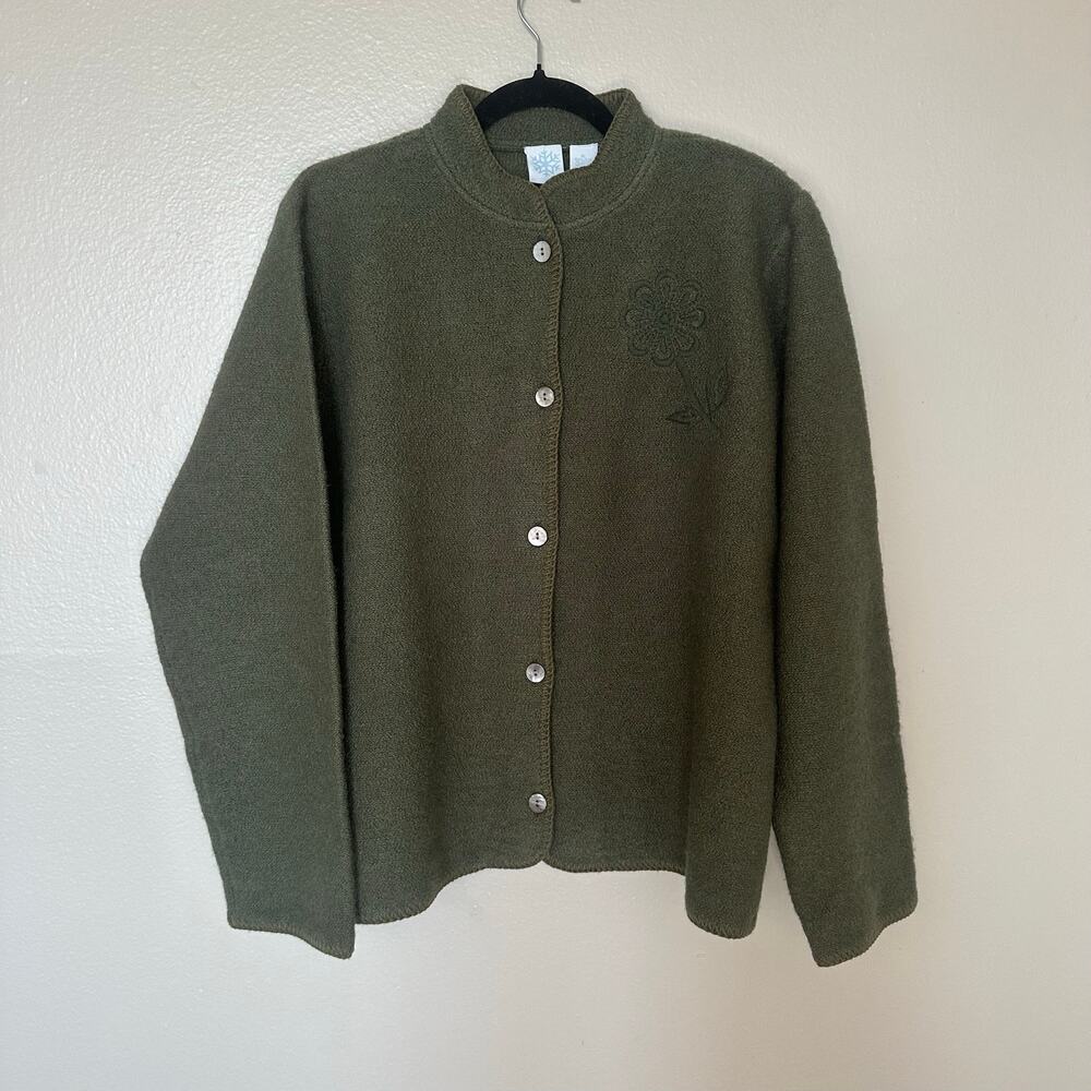 Option 2: Vintage Olive Green 100% Wool Embroidered Flower Button Cardigan XL